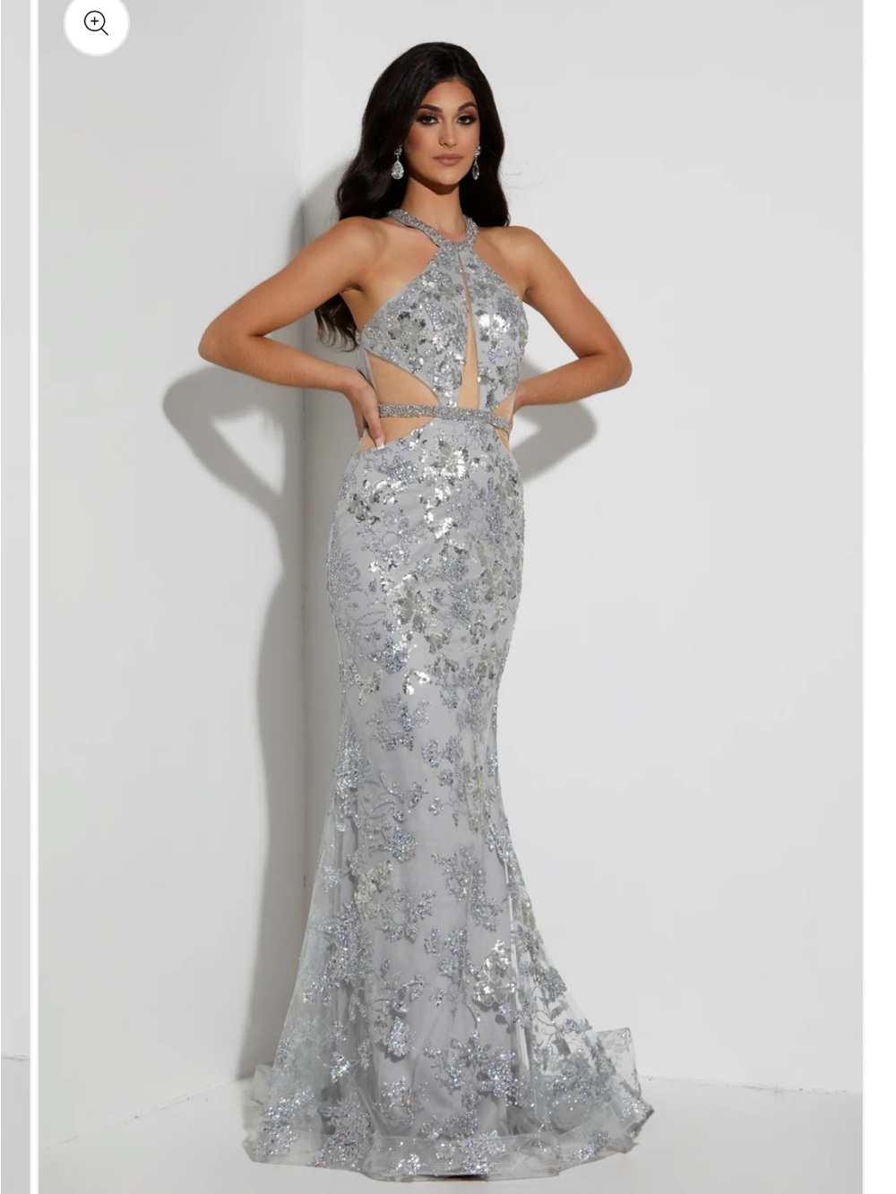 Silver Sequin Cutout Halter Prom Gown